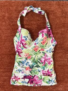 Tommy Bahama White Floral Halter Bikini Top with Pink & Blue Blooms